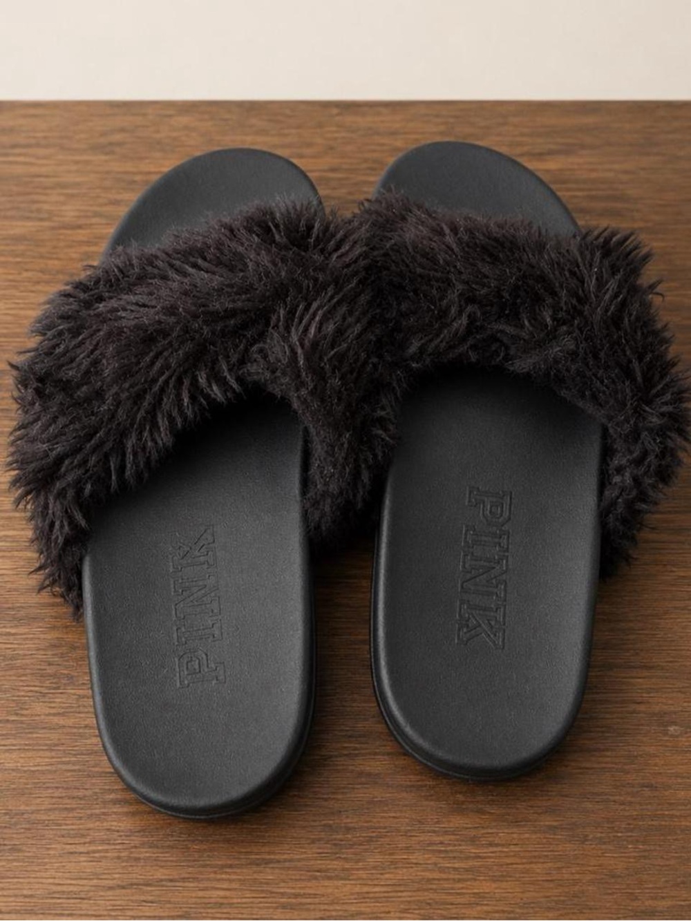 PINK Victoria's Secret Black Faux Fur Slide Slippers